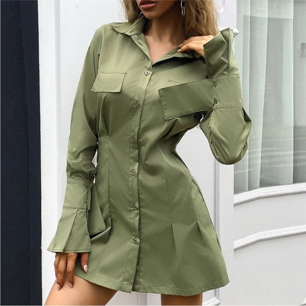 Lioness Olive Green Slim Pleated Mini Shirtdress